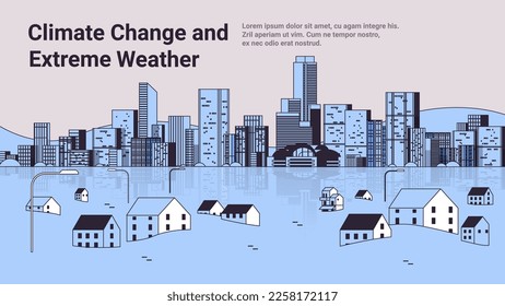 Natural disaster catastrophe storm buildings flood by big rising water levels submerge house as heavy monsoon rains climate change