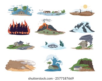 Natural disaster catastrophic accident demolishing building set isometric vector illustration. Hurricane flood drought fire volcanic eruption glacier melting earthquake blizzard tsunami tornado storm