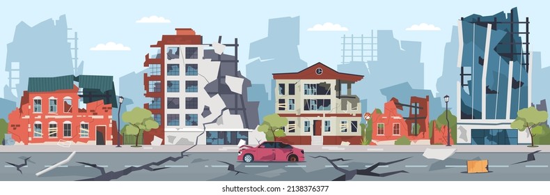 Natural disaster city illustration  Earthquake destruction  Cityscape and cracked roads   destroyed houses  Urban ruined landscape  Damaged buildings   broken car  Vector concept