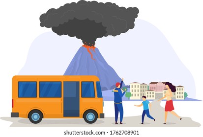 Natural disaster cloud eruption volcano evacuation, rescue save people population from catastrophe city isolated on white, cartoon vector illustration. Person together running to salvage bus.