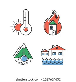 Natural disaster color icons set. Environmental hazards. Weather forecast, fire, avalanche, flood. Insurance case. Extreme events. Destructive force of nature. Isolated vector illustrations