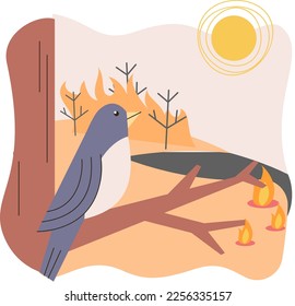 Natural disaster composition with sad bird in desert suffering from drought with fire and dried up tree. Global warming concept, climate change, problems of ecology and environment protection