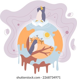Natural disaster composition with sad bird on ice floe suffering from melting glaciers, rise in temperature on planet. Global warming, climate change, problems of ecology and environment protection