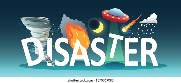 Natural disaster composition with text combined with doodle style images of natural calamities on gradient background vector illustration