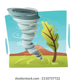 Natural disaster composition with wild landscape and tornado flat vector illustration