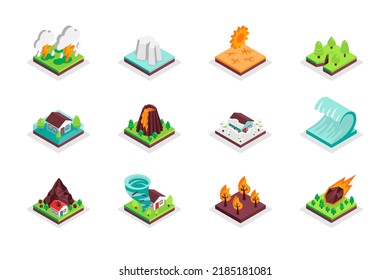 Natural disaster concept 3d isometric icons set. Bundle elements of thunderstorm, drought, volcano eruption, tsunami, forest fire, meteorite and other. Vector illustration in modern isometry design