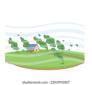 Natural disaster concept. Gusts of wind blow away trees and house, storms, tornadoes and hurricanes. Bad weather, anomaly and cataclysm. Graphic element for website. Cartoon flat vector illustration