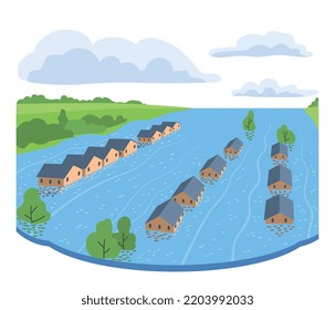 Natural disaster concept. Houses under water, flooding. Dangers, difficulties and failures. Catastrophe and cataclysm, bad weather. Poster or banner for website. Cartoon flat vector illustration