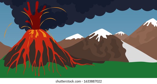 Natural disaster concept. Volcano erupting with spewing lava, dust ashes and rock. Cataclysm, environmental damage. Isolated vector illustration in cartoon style