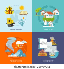 Natural Disaster Design Concept Set With Global Warming Life Threat Power Of Nature Seismic Activity Flat Icons Isolated Vector Illustration