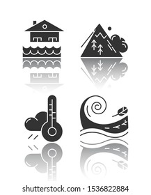 Natural disaster drop shadow black glyph icons set. Geological and atmospheric hazards. Flood, avalanche, weather forecast, tsunami. Destructive force of nature. Isolated vector illustrations