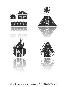 Natural disaster drop shadow black glyph icons set. Destructive force of Earth. Volcanic eruption, flood, fire, avalanche. Insurance case. Emergency management. Isolated vector illustrations