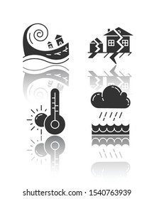 Natural disaster drop shadow black glyph icons set. Geological and atmospheric hazards. Tsunami, earthquake, downpour, weather forecast. Global climate changes. Isolated vector illustrations