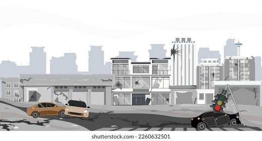 Natural disaster or earthquake disaster and destruction of houses, ,destroyed buildings, disaster in the city vector in flat style vector illustration.