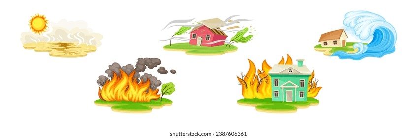Desastre natural con calamidades elementales y vectores de catástrofe