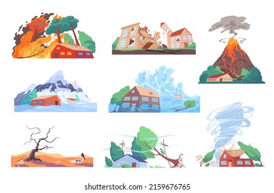 Natural disaster, elemental calamities, catastrophes vector illustration