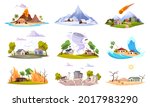 Natural disaster. Environment powers challenges and catastrophe, flooding, forest fire and hurricane danger, volcanic eruption, earthquake and tsunami, cataclysm effects damage vector set