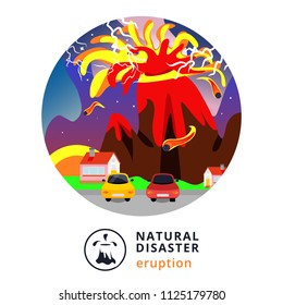 Natural disaster. Eruption, volcano. Modern flat cartoons style vector illustration icons. Isolated on white background. Eruption.Houses under mountain fell under eruption of volcano. Natural disaster