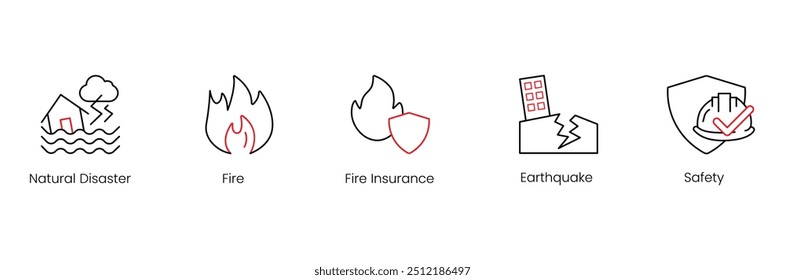 Desastre natural, fuego, seguro contra incendios, terremoto, conjunto de iconos de Vector de seguridad