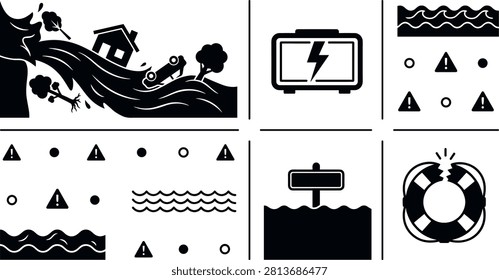 Natural Disaster and Flash Flood Icon Set Featuring Mudslide Destroying Houses, Emergency Power Generator, Warning Triangles, Submerged Signs, and Broken Lifebuoy Vectors.eps