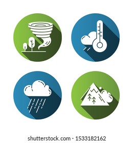 Natural disaster flat design long shadow glyph icons set. Global climate changes. Weather forecast, avalanche, tornado, downpour. Environmental hazards. Vector silhouette illustration