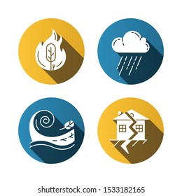 Natural disaster flat design long shadow glyph icons set. Global catastrophes. Wildfire, earthquake, tsunami, downpour. Destructive force of nature. Vector silhouette illustration