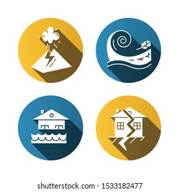 Natural disaster flat design long shadow glyph icons set. Geological and atmospheric hazards. Flood, tsunami, volcanic eruption, earthquake. Destructive force of nature. Vector silhouette illustration