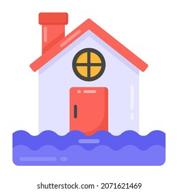 Natural disaster, flat icon of flood, house floating in water