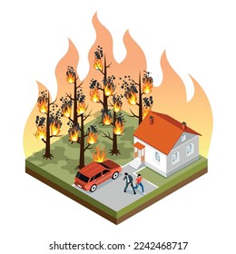 Natural disaster forest fire isometric concept with worried people running away from burning trees near their house 3d vector illustration