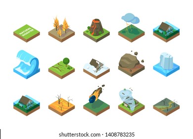 Natural disaster. Global climate change environment earthquake storm tsunami wildfire in forest flood vector pictures isometric. Earthquake disaster, hurricane and drought illustration