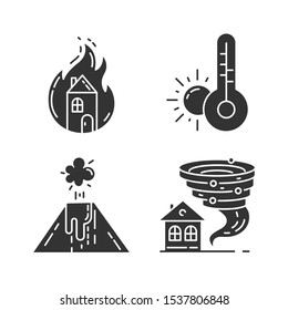 Natural disaster glyph icons set. Weather forecast, fire, volcanic eruption, tornado. Insurance case. Extreme events. Destructive force of nature. Silhouette symbols. Vector isolated illustration