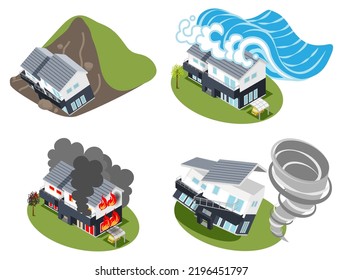 Natural disaster hits the house, four types set - landslide, tsunami, fire, tornado 