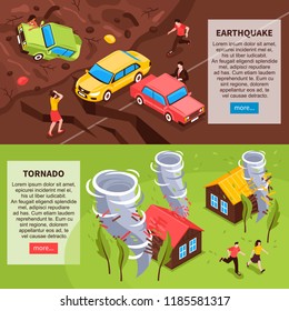 Natural disaster horizontal banners with earthquake and tornado isometric compositions vector illustration