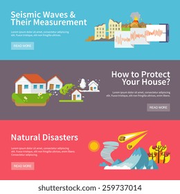 Natural disaster horizontal banners set with seismic waves measurement house protect elements isolated vector illustration