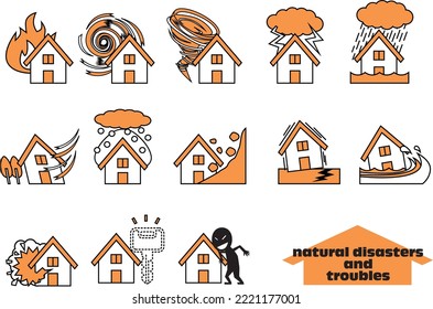 Natural disaster housing damage and trouble icon set