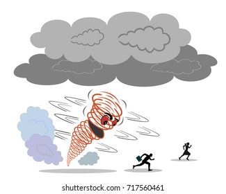 Natural disaster. Hurricane harms a person. People flee from the destructive tornado
