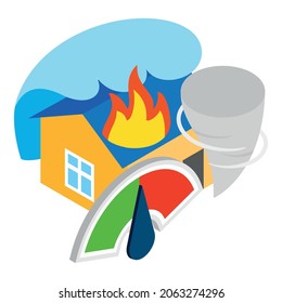 Natural disaster icon isometric vector. Burning house, tsunami, tornado, indicator. Insurance event, disaster, destruction