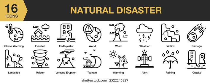 Conjunto de ícones do Natural Disaster. Inclui alerta, danos, terremoto, inundações, aquecimento global e muito mais. Contornar coleção de vetores de ícones.