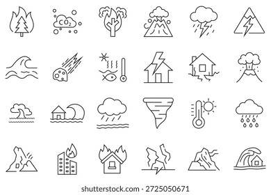 Conjunto de ícones de desastres naturais. Fora da linha ícone de clima extremo, riscos geológicos, tempestade de areia, tornado, tufão, inundação, calor anormal, tempestade. Ilustração vetorial.
