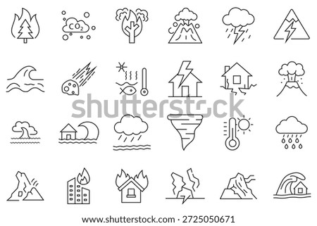 Natural disaster icon set. Out line icon of  extreme weather, geological hazards, sandstorm, tornado, typhoon, flood, abnormal heat, storm. Vector illustration.