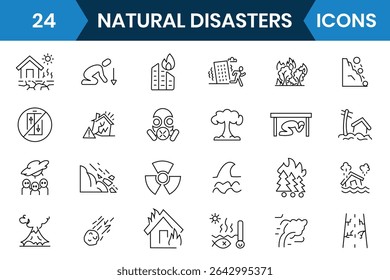 Ícone de desastre natural, conjunto de vetores. Poluição natural, terremoto, vulcão, tsunami, deserto, seca, desastre, inundação, tsunami ícones editáveis do acidente vascular cerebral. Ilustração vetorial.