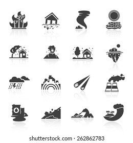 Natural disaster icons black set with tsunami snow storm thunder isolated vector illustration
