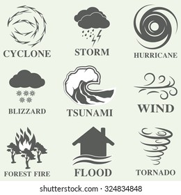 Natural disaster icons black set with tsunami snow storm thunder isolated vector illustration
