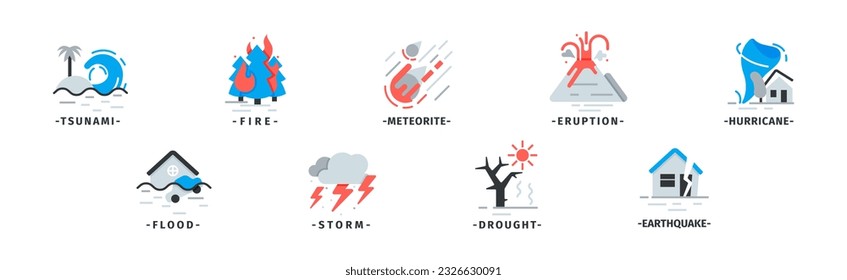 Natural Disaster Icons with Drought, Hurricane, Eruption, Fire and Meteorite Vector Set