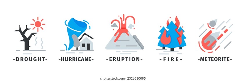 Natural Disaster Icons with Drought, Hurricane, Eruption, Fire and Meteorite Vector Set