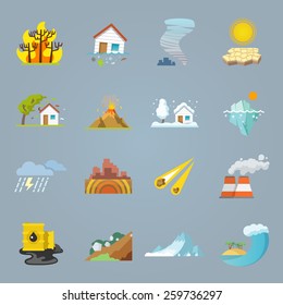 Natural Disaster Icons Flat Set With Hurricane Tornado Forest Fire Isolated Vector Illustration