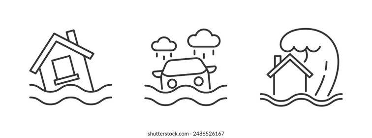 Natural Disaster Icons Illustrating Flooding Scenarios. Vector Line Art Signs Depict A House, A Car In Rain, And A House