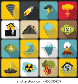 Natural disaster icons set in flat ctyle. Catastrophe and crisis set collection vector illustration