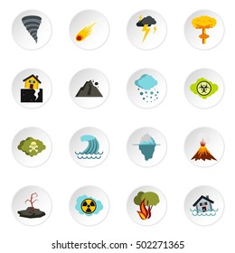 Natural disaster icons set. Flat illustration of 16 natural disaster vector icons for web
