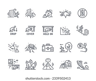 Natural disaster icons set. Instructions for evacuation of earthquake, tornado, flood, tsunami and volcanic eruption. Seismic safety and destruction. Linear flat vector isolated on white background